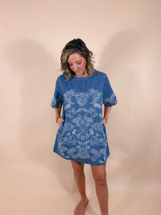 Seraphina Embroidered Denim Shift Dress