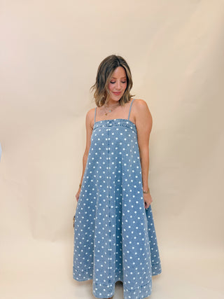 Verity Polka Dot Denim Midi Dress