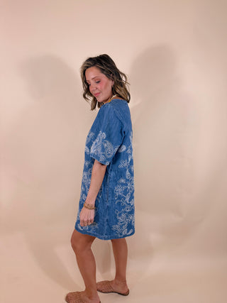 Seraphina Embroidered Denim Shift Dress