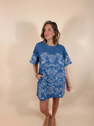 Seraphina Embroidered Denim Shift Dress