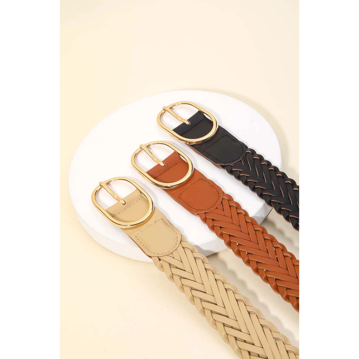 Braided Faux Leather Oval Buckle Belt