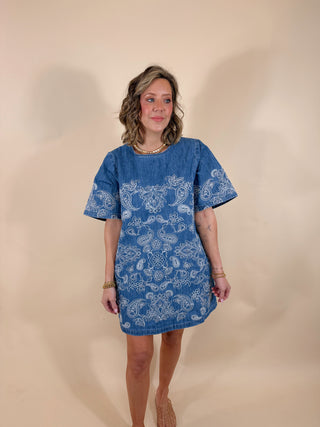 Seraphina Embroidered Denim Shift Dress