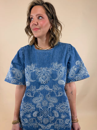 Seraphina Embroidered Denim Shift Dress